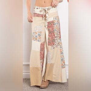 Blue Velvet Patchwork Floral Wide-Leg Pants. Belt not included